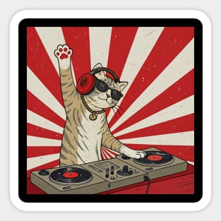 Cat acting as a DJ - wearing red over-ear headphones Sticker